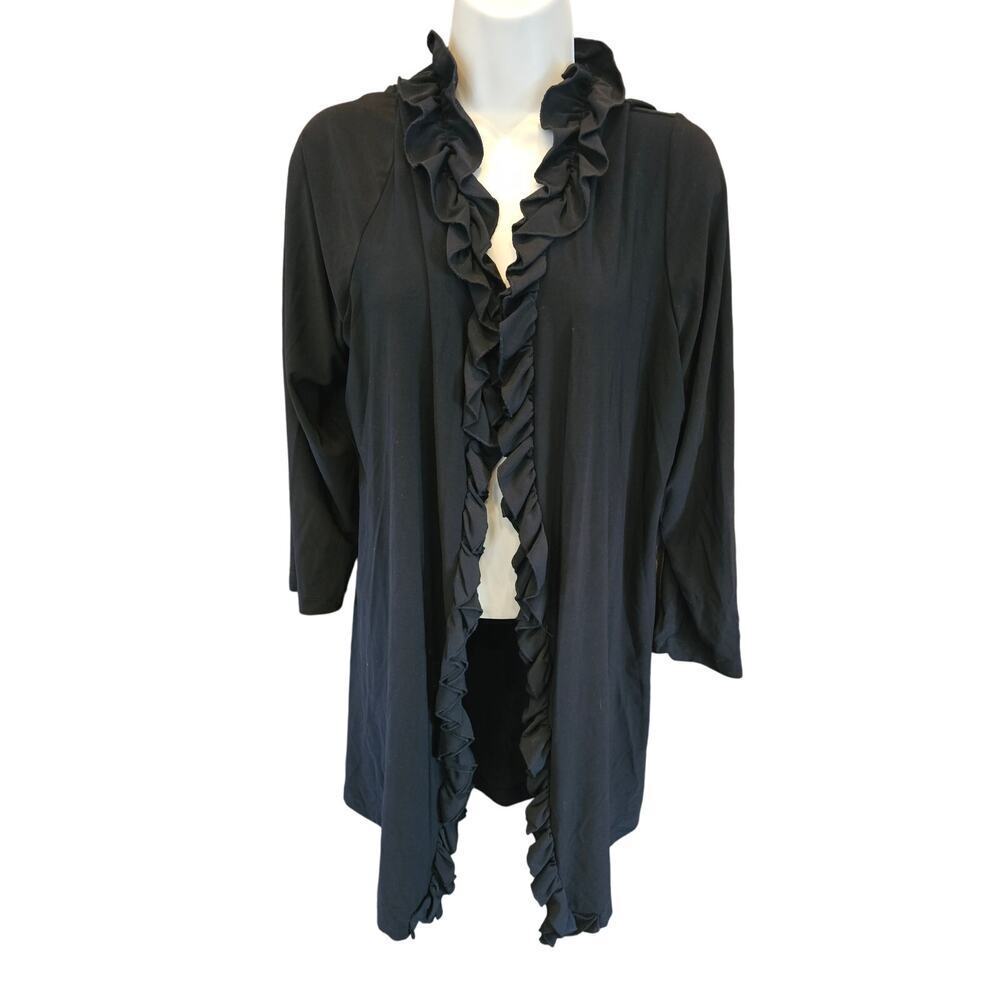 Made in USA black 1X frill ruffle trim black open cardigan office sweater EUC